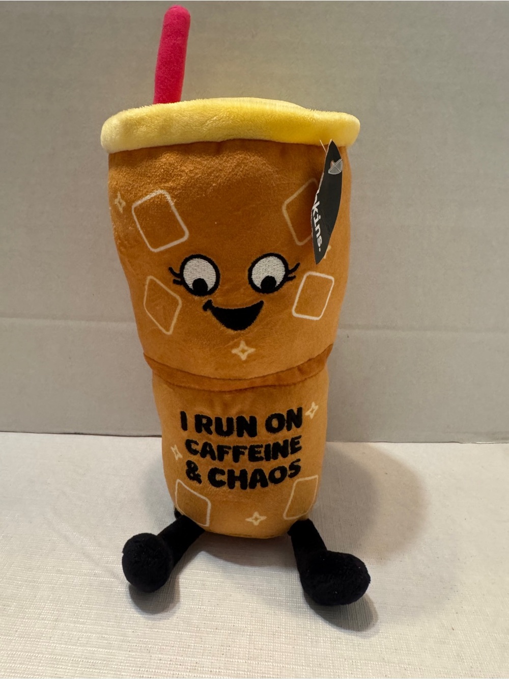 Punchkins  "I Run on Caffeine & Chaos" Iced Coffee Plush Brown Weighted Bottom